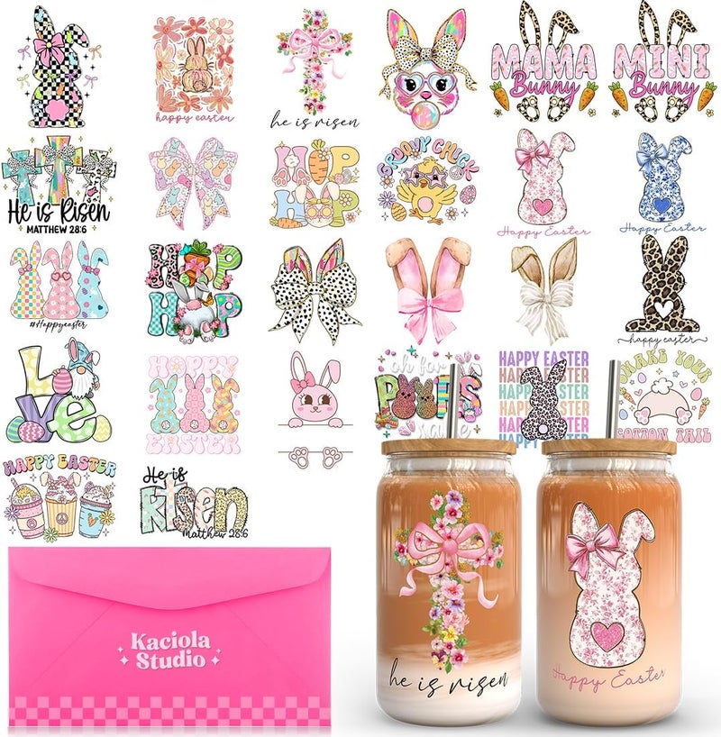 KACIOLA STUDIO Easter UV DTF Cup Wrap -26 Sheets Easter Day Theme UV DTF Cup Wraps for 16 oz Glass Mugs Coffee, Decals Waterproof Rub on Transfer Stickers DIY Mug Glasses Crafting - Image 1